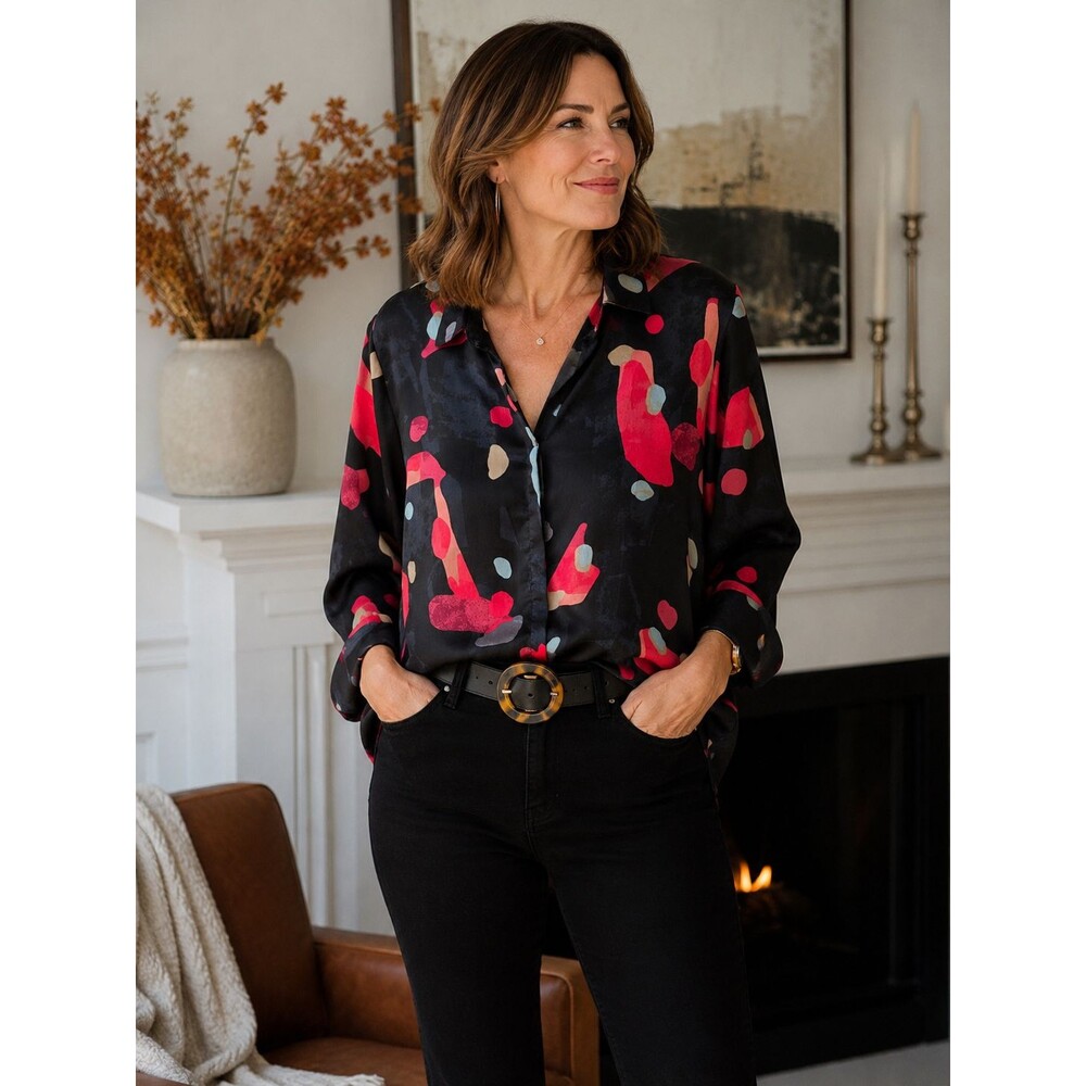 NIC and ZOE Women’s L Abstract Print Blouse Long Sleeve Split Cuffs Flowy Bold